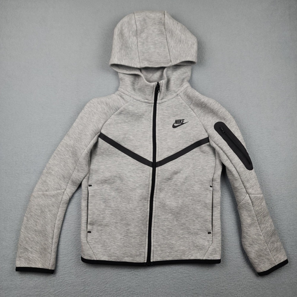 Nike Track Jacket Youth Medium Gray Tech Fleece Hooded Full Zip Logo Gym School